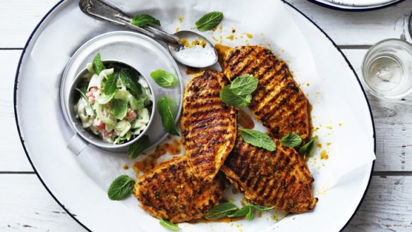 Grilled chicken breast with cucumber and yoghurt relish.