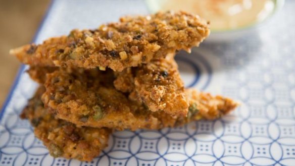 Pistachio and almond-crusted fried chicken strips.