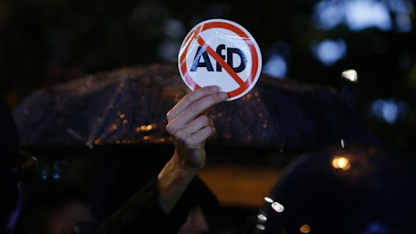 Police blocks demonstrators protesting against the nationalist 'Alternative for Germany', AfD, party in Berlin.