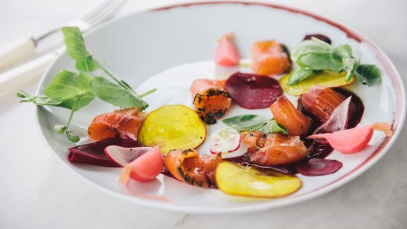Food and wine Restaurant review at Pialligo Estate Garden Pavillions. Pialligo award winning gravlax, golden beets, pickled radish, lemon and tendrils 24 March 2016 Photo by Rohan Thomson The Canberra Times