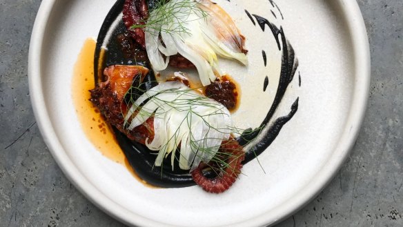 Grilled Tasmanian octopus, XO chilli, red vinegar, fennel and ink at Automata.