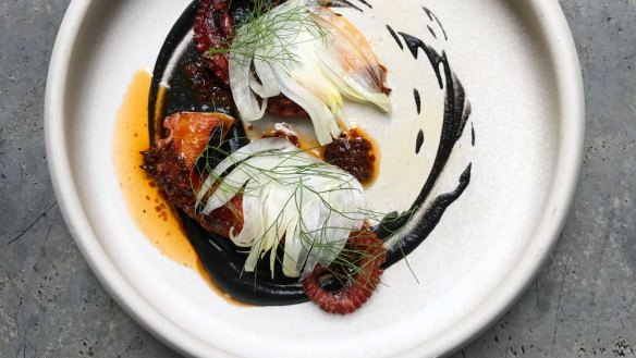 Grilled Tasmanian octopus, XO chilli, red vinegar, fennel and ink at Automata.