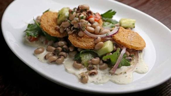 Black-eyed pea salad with fried tomatoes.