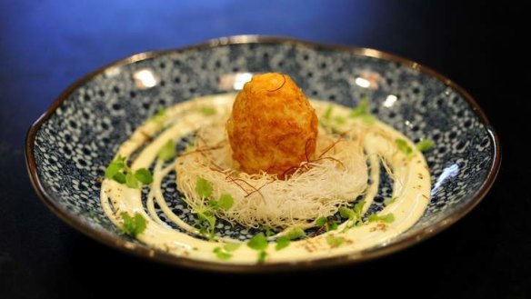 Condor egg: Soft boiled egg deep-fried and served on kataifi nest.