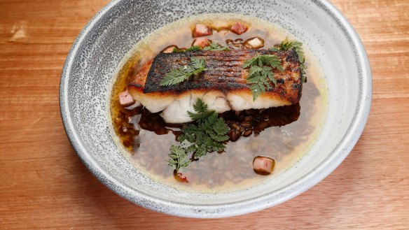 Pan-seared barramundi in smoked bacon dashi broth.