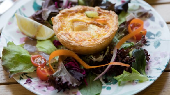 Prawn and salmon quiche and goat's cheese salad.