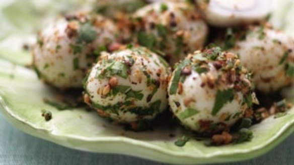 Quail eggs with hazelnut dukkah and herbs