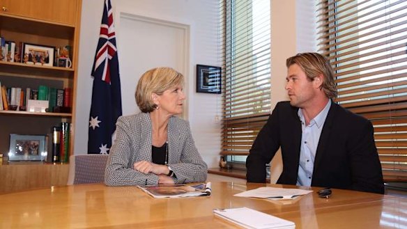 Minister for Foreign Affairs Julie Bishop met with Australian Hollywood actor Chris Hemsworth  on Wednesday. Photo: Andrew Meares