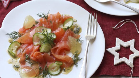Smoked salmon with cucumber jelly.