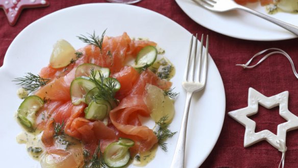 Smoked salmon with cucumber jelly.