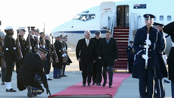 Prime Minister Malcolm Turnbull receives a ceremonial welcome on his arrival at Andrews Air Force Base.