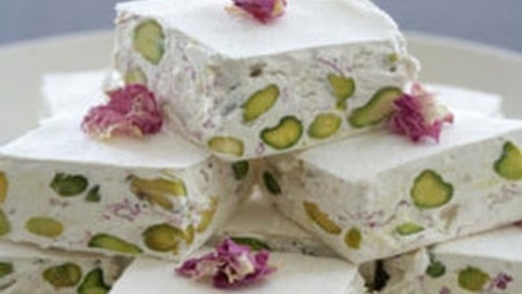 Pistachio and rose petal nougat