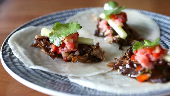 Fat Duck pancakes, hoisin, cucumber pickle and tamarind dip.