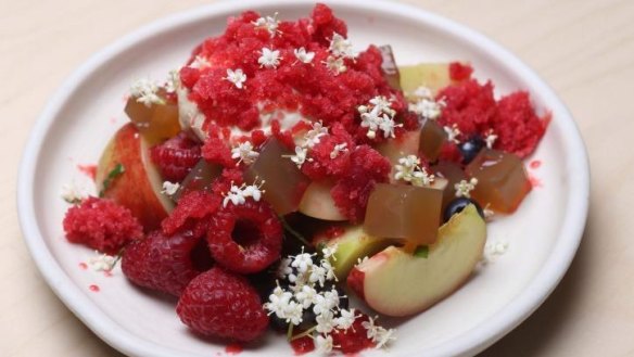 Summer stone fruit, elderflower cream and berry granita fruit salad at Monster.