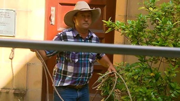 A handler tries to take back ownership of two water buffalo that escaped in Newtown.