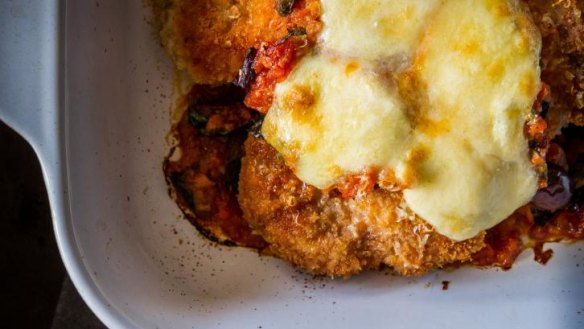 Finished product: Veal parmigiana with puttanesca and buffalo mozzarella.