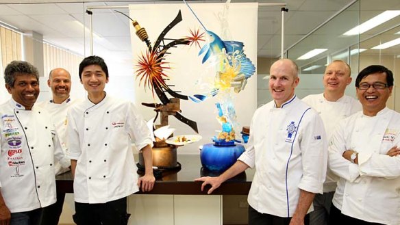 Rock stars of the pastry world ... Team Pastry Australia from left: mould maker and sugar specialist Dammika Hatharasinginghe, coach Dean Gibson, chocolate competitor Justin Yu, captain and sugar competitor Andre Sandison, ice competitor Barry Jones and team manager Jian Yao.