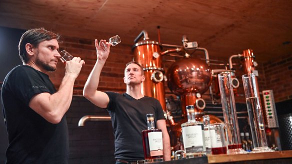 Matt Argus and Dave Irwin, co-owners of Brunswick's Patient Wolf Distilling Co.