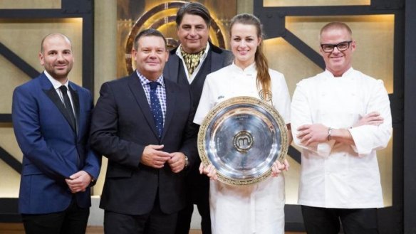 George Calombaris, Gary Mehigan, Matt Preston and Heston Blumenthal with <i>MasterChef</i> 2015 winner Billie McKay.