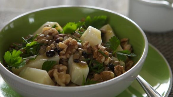 Celeriac and walnuts with lentils and herbs.
