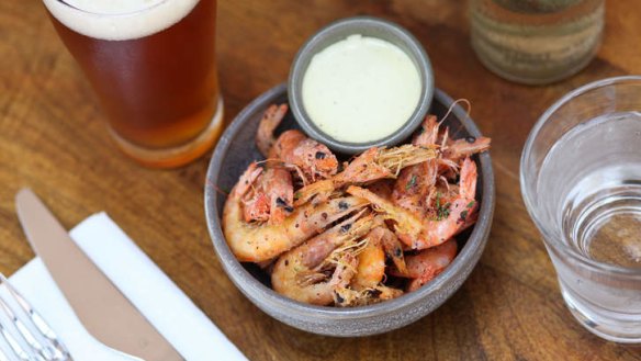 Beer snack: Crispy fried school prawns and aioli.