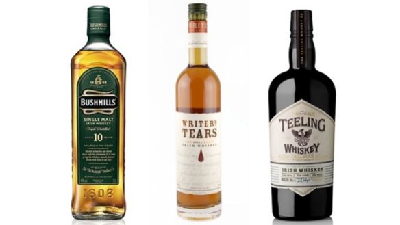From left: Bushmills Single Malt Irish Whiskey, Writers Tears Pot Still irish Whiskey, Teeling Single Malt Irish Whisky. 