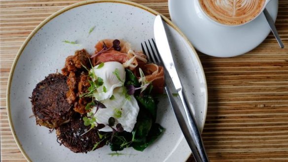 Potato rosti with poached eggs.