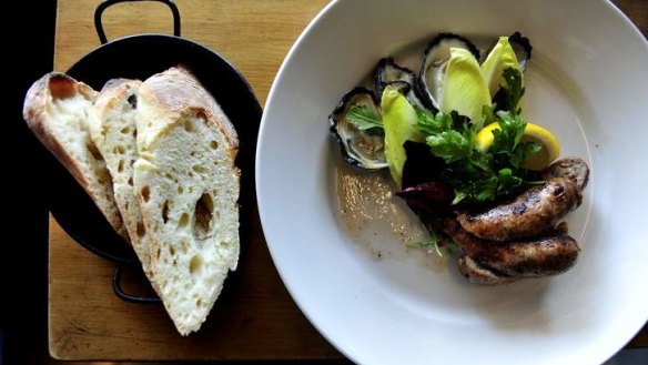 Toulouse sausage and oysters at Silo Bakery.