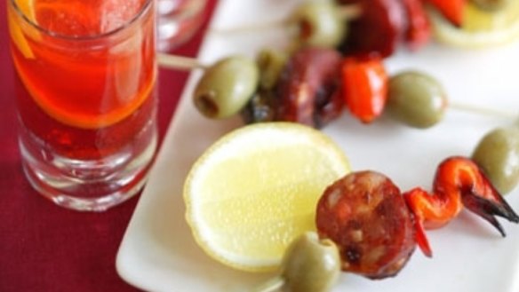 Skewers of chorizo, peppers and olives