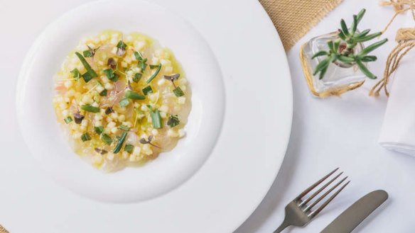 Go-to dish: Snapper carpaccio, white peach sauce vierge, basil and finger lime.