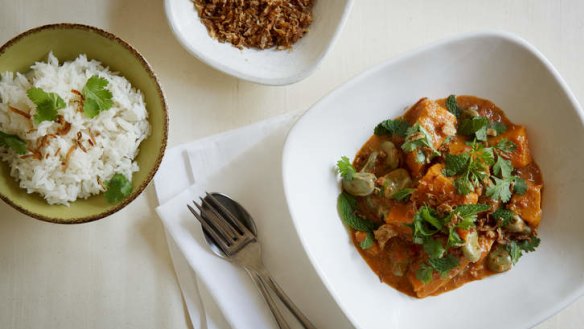 Deliciously adaptable: Pumpkin and broad bean coconut curry.