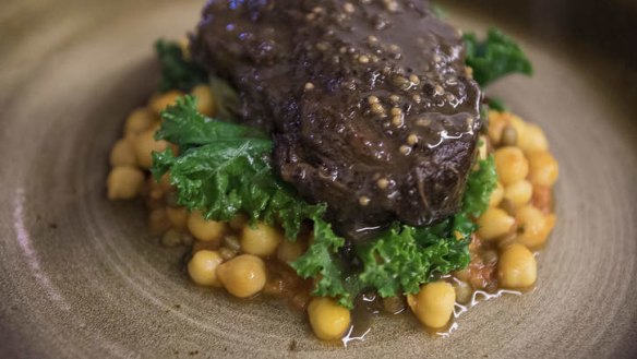 Braised ox cheek on lentils and chickpeas.