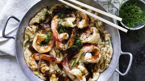 Keep it simple: Chinese omelette with prawns and oyster sauce.