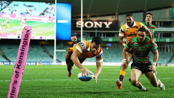 Try time: Brisbane's Jordan Kahu dives over to score against the South Sydney Rabbitohs in 2015.