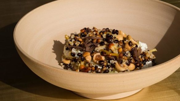 Raw mushrooms, ancient grains, feta, hazelnuts and eggplant.