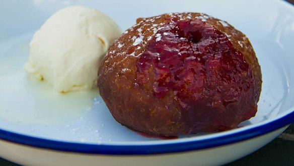 Jam doughnut and ice-cream.