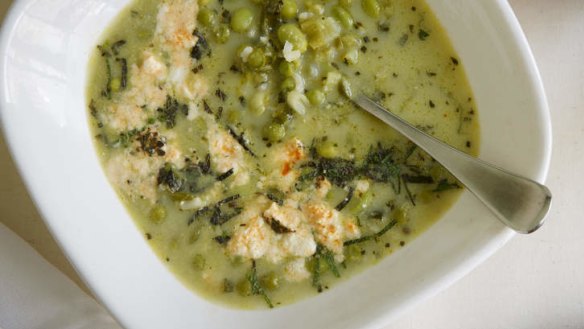 Peas, soybeans and mint make for a light and refreshing soup.