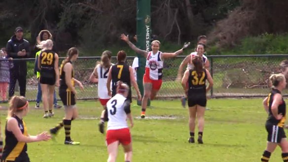 Moana Hope celebrates after scoring her 100th goal. 
