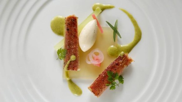 Freestyle: Waiters add the puree to this Woodland House eel dish (with creme fraiche quinelle) at the table.