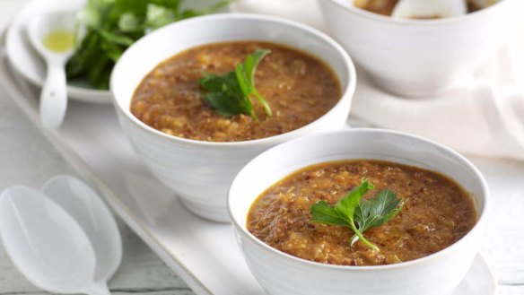 Quinoa, amaranth, roasted tomato and bell pepper soup recipe from Ancient Grains.