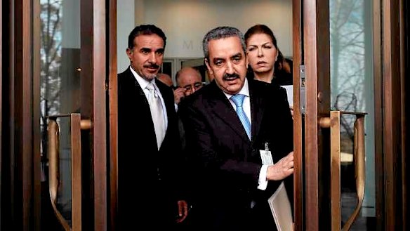 Jordanian ambassador Rima Ahmad Alaadeen (right) and Arab ambassadors emerge from a meeting with Foreign Minister Julie Bishop in Parliament House Canberra.