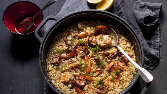 Garlic prawns with fennel and orzo risotto.