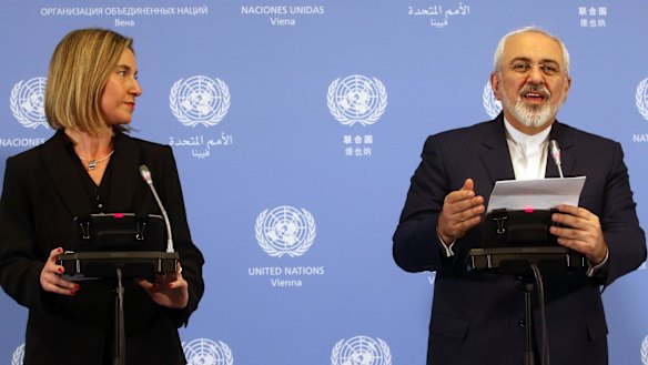 European Union High Representative Federica Mogherini and Iranian Foreign Minister Mohammad Javad Zarif address the media at the International Atomic Energy Agency, IAEA, in Vienna in 2016. 