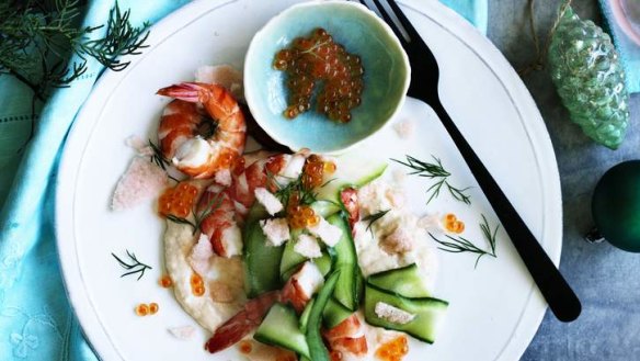 Jill Dupleix's salmon taramasalata with prawns and prawn crackers.