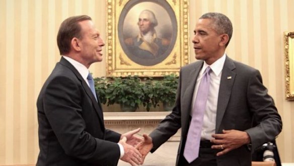 Barack Obama meets Tony Abbott in the White House, saying “Aussies know how to fight, and I like having them in a foxhole if we're in trouble".