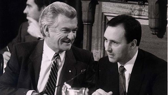 The way they were … Bob Hawke and Paul Keating on July 1, 1985 at the opening of the promised national tax summit.