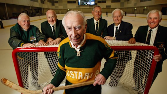 Russell Jones, Noel McLoughlin, Basil Hansen, Noel Derrick, Ken Wellman and Rob Reidwere in the 1960 Australian ice hockey team.