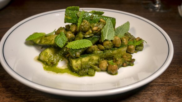 Bright-as-a-button zucchini, chickpeas and zhug.