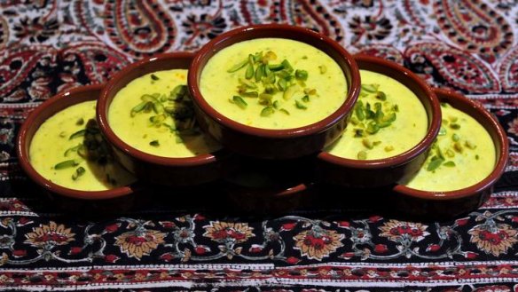 Phirni (ground rice and pistachio cream).