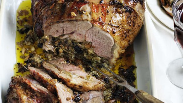 Leg of lamb with herb and pine nut stuffing.